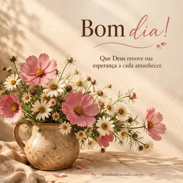 Bom dia abençoado com flores: Que Deus renove sua esperança a cada amanhecer. Imagem genérica, sem nome pessoal.