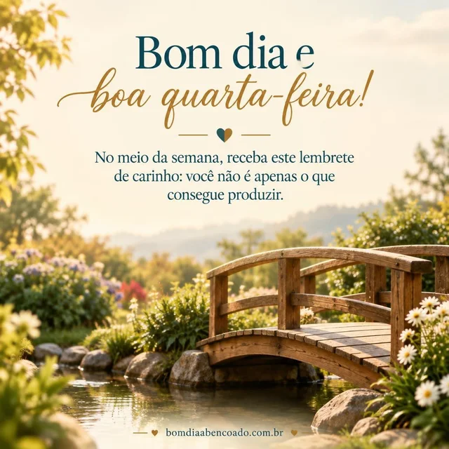 Bom dia abençoado de quarta-feira: No meio da semana, receba este lembrete de carinho: você não é apenas o que consegue produzir. Imagem genérica, sem nome pessoal.