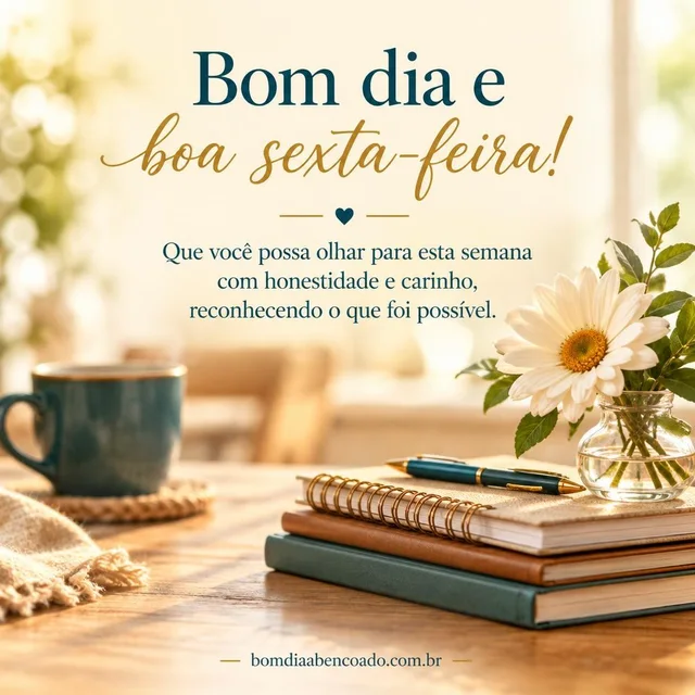 Bom dia abençoado de sexta-feira: Que você possa olhar para esta semana com honestidade e carinho, reconhecendo o que foi possível. Imagem genérica, sem nome pessoal.