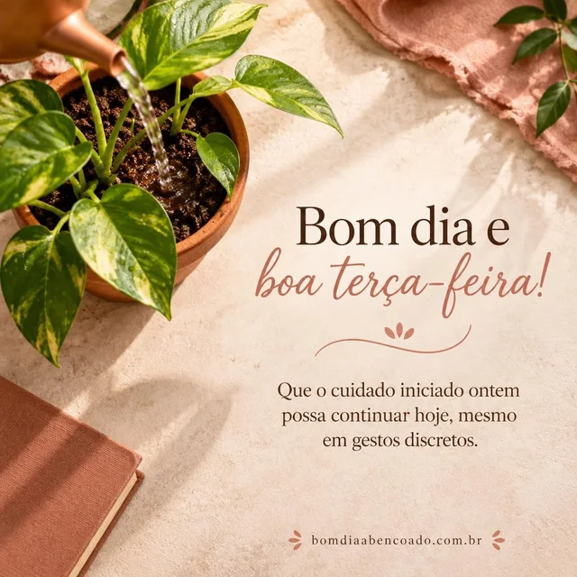 Bom dia abençoado de terça-feira: Que o cuidado iniciado ontem possa continuar hoje, mesmo em gestos discretos. Imagem genérica, sem nome pessoal.