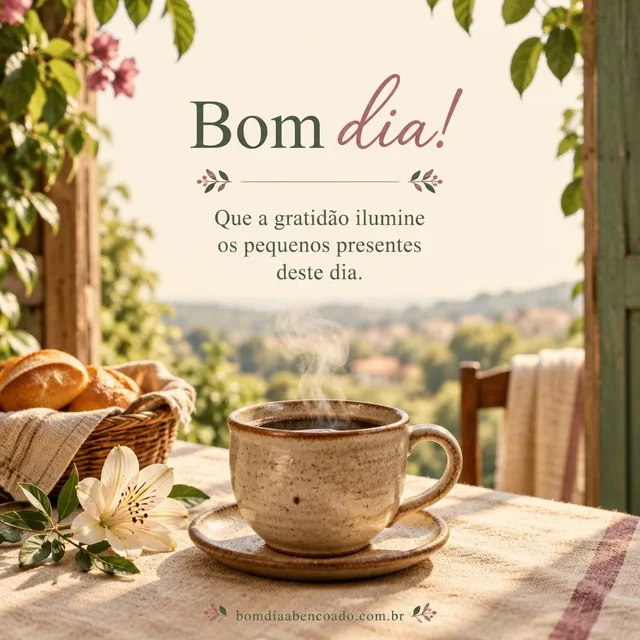 Um café com gratidão: Que a gratidão ilumine os pequenos presentes deste dia. Imagem genérica, sem nome pessoal.